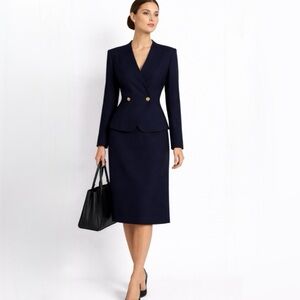Vintage Pendleton Navy Double Breasted Gold Button Wool Skirt Suit 10/8 USA💛